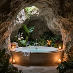 cozy, empty bathhouse hidden in a cave, candlelight, towels, cushions, natural light, lush plants and flowers, elegant, smooth cave rock, fantasy, atmospheric lighting, digital painting, Greg Rutkowski concept art