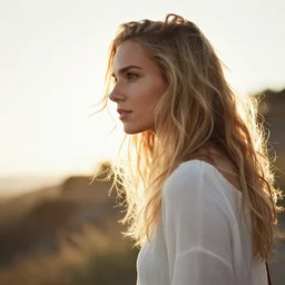cinematic, golden hour, backlit, over the shoulder photograph of a beautiful blonde hippie woman in a white top, looking into the distance, windy, bokeh, tilted angle, iphone 5 photo