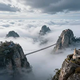 looking down from wizard towers poking out of the clouds, connected with hanging bridge!!, babel, vertigo, huge distance, by craig mullins, by ruan jia!, ( ( dr sues ) ), cold, dramatic lighting