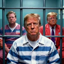 closeup portrait of Alex Jones wearing prison clothes and Donald trump wearing prison clothes sitting in prison jail cell behind bars, Greg rutkowski , craig mullins, vibrant color, cinematográfica, digital Art, trending on artstation, octane
