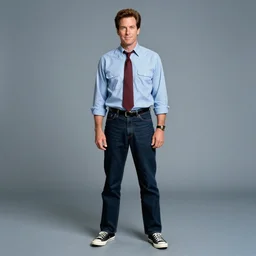 1 9 9 5 stephen root in character as jimmy james from newsradio ( 1 9 9 5 ), standing on a [ [ raised platform ] ] in the middle of new york city, [ [ tall skyscrapers ] ], trees, grass