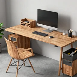 desktop oak wood, eames chair design, 3 2 inch monitor, notebook, workbench, storage, tools