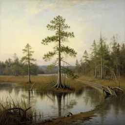 hudson river school painting, naturalism, swamp, few little pines, corduroy road