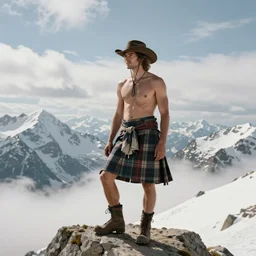 a portrait by greg rutkowski and albert bierstadt and bill ward of a shirtless desi hiker on a mountain peak | he is wearing a cowboy hat and a revealing tartan kilt | background is snowy mountains and clouds | detailed face, ethereal, dreamlike | trending on artstation