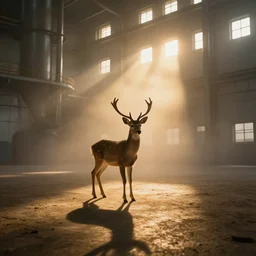 a weak shadow of a small deer standing majestic outside a mega large industrial room with small windows, golden light, thick mist, backlit, insane details, hyperrealistic photo by jimmy nelson, trending on artstation