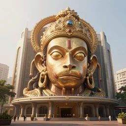 high quality 3 d futuristic biomrphic hanuman! head building in mumbai!! centre, kalighat, highly detailed, cinematic smooth, berenice abbott & john j. park, dramatic warm morning light, long shot, low angle, uhd 8 k, sharp focus