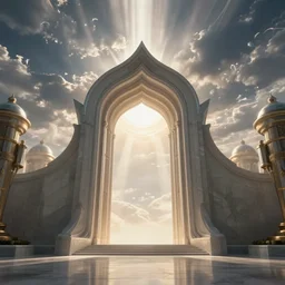 entrance to ethereal realm, rendered in unreal engine, central composition, symmetrical composition, cinematic, epic, dramatic lighting, cinematic view, epic sky, detailed, concept art, low angle, high detail, warm lighting, volumetric, godrays, vivid, beautiful, trending on artstation, by jordan grimmer, huge scene, grass, art greg rutkowski