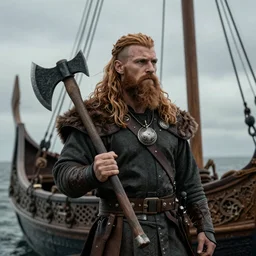 viking with an axe, long ginger hair and beard, in a ship looking for new lands, 8k, ultra realistic