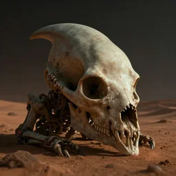 eldritch animal alien skull in a dessert in mars, photorealistic, film, cinematic lighting, octane tender, volumetric light, dark - art