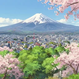 makoto shinkai concept art of tokyo landscape from far away, mountfuji in the background, spring, greens, cherry blossoms in the foreground, key visual, ambient lighting, highly detailed, digital painting, artstation, concept art, sharp focus, by studio ghibli makoto shinkai akihiko yoshida hidari wlop and greg rutkowski