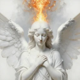 hyperdetailed realistic painting portrait of white white!!! angel with clean narrow!! face like noface, by jan van eyck, by gerhard richter, noface!!!!, cute face!, nogender, female and male, miracle light coming up from the head up and up!!, a lot of fire - stars overhead!!!, misty space, grace and blessing, sfumato effect, renaissance, christianity, marble stone, glow effect, large strokes, soft shadow and light, white background, abstract background, minimal