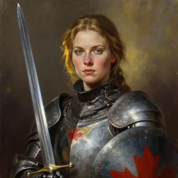 greg manchess oil matte portrait painting, canadian female knight with beautiful face, sword and shield, wonderful masterpiece highly detailed, scifi, beautiful cinematic light deep focus, elegant, digital painting, smooth, sharp focus, golden ratio, dramatic illumination, ultra realistic, 4 k, art by greg rutkowski wlop rossdraws