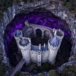 a circular limestone castle covered by a dark cavern filled with purple glowing liquid metal, castle is connected to the cavern walls by a wide bridge, aerial view,