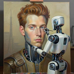robot artist painting a self - portrait on a canvas. intricate, highly detailed, digital matte painting, in the style of alexandros pyromallis, and in the style of sachin teng, and in the style of hans thoma, and in the style of gil elvgren. irony, recursion, inspiration, dieselpunk.