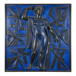 orpheus - euterpe blue black bronze sculpture, decoration : 2 2 7 7 german expressionist - rollenportrat of robed olga of kiev, complex geometric fractals
