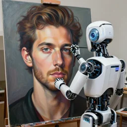 robot artist painting a self - portrait on a canvas. intricate, highly detailed, digital matte painting, in the style of alexandros pyromallis, and in the style of sachin teng, and in the style of hans thoma, and in the style of phil jimenez. irony, recursion, inspiration.