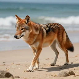 anthro red wolf walking on a beach, fantasy, artstation, light