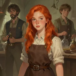 teen, freckeld, orange-red haired Natalie Postman as a  innkeeper, fantasy concept art by Greg Rutkowski and J.Dickenson