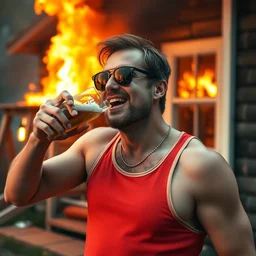 a man wearing a tank top, sunglasses, drinking beer, smirking, doing a thumbs up gesture, happy that his house is on fire, high quality, detailed, a beautiful photograph from the nineties