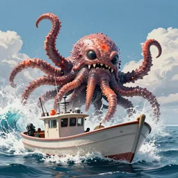 a (small fishing boat) is attacked by a ((huge tentacled monster)), crashing waves, trending on artstation, rendered in octane, global illumination
