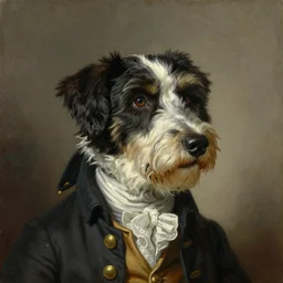 a head and shoulders portrait painting of an anthropomorphic!!!!!!!!!! mcnab cattle dog!!!!!!!!!! wearing a colonial outfit without a hat looking off camera, a character portrait, neoclassicism, oil on canvas, soft focus