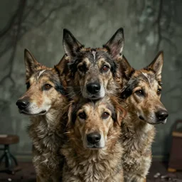 creepy photograph of a dog with three heads, vhs, extremely detailed, eerie, haunting, spookish, spooky, uncanny, unearthly, weird, aberrant, abnormal, baffling, bewildering, confounding, mystifying, perplexing, puzzling