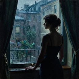 silhouette of a woman gazing out her hotel window at the rain, extremely detailed masterpiece, oil on canvas, low-key neon lighting, verism style, artstation, by J. C. Leyendecker and Peter Paul Rubens,
