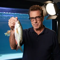 photo still of ray romano wearing glasses and holding a fish in front of an aquarium, 8 k, studio lighting bright ambient lighting key light, 8 5 mm f 1. 8