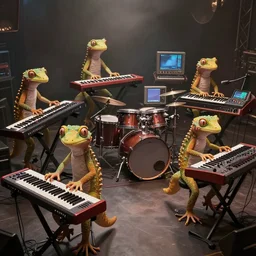 anthropomorphic band of geckos, each playing a big set up of electronic musical instruments including keyboards, drum machines, oscilloscopes on screens, on a dimly lit smoky stage, candid photography, highly detailed, 8 k uhd, unreal engine 5, character concepts, 8 k