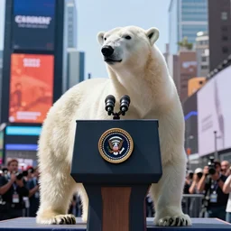photo of a polar bear as the president of usa giving a speech in times square, hd image