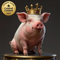 an alien pig with a crown sitting on top of a table, a character portrait by vladimir kush, zbrush central contest winner, fantasy art, zbrush, dystopian art, rococo