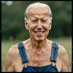 far view, extremely skinny malnourished joe biden, wearing dirty overalls, dirty greasy face, grin, portrait, close up, kodak gold 2 0 0, 5 0 mm,