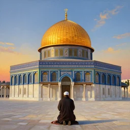a beautiful oil painting flyer design illustration of dome of the rock jerusalem and a muslim is praying to god in front of it, rule of thirds, sunset, highly detailed, perfect lighting, perfect composition, 4 k, artgerm, derek zabrocki, greg rutkowski - h 7 6 8