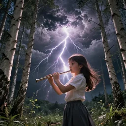 young girl playing flute, birch forest clearing, storm at night, lightning dragons attack, low angle facing sky, cinematic, dramatic lighting, big storm clouds, high contrast, artstation, ghibli, hosada