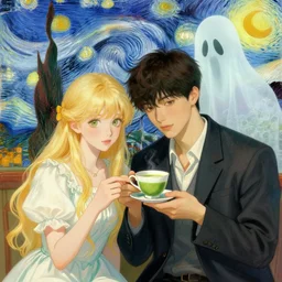 gorgeous blonde rina and handsome cute beautiful young man named shadow taehyung in his 2 0 s with short dark hair holding a teacup with matcha while a ghost lurks by ayami kojima, van gogh, alphonse mucha, artstation, digital art