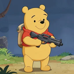 winnie the pooh wearing a full suit of space marine power armor and wielding a boltgun