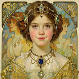 realistic detailed painting of a 1 6 - year old girl who resembles millie bobby brown and natalie portman with a shy, blushing, coy expression wearing intricate, detailed, art nouveau jewelry by alphonse mucha, ayami kojima amano, charlie bowater, karol bak, greg hildebrandt