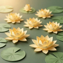 lilyPads with Lotus flowers in the golden hour, paper cut art, close up, DOF, 8k, artstation,