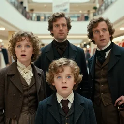 sharp, highly detailed, 8k, 65mm film, high quality frame scan from a sci fi blockbuster color movie made in 2019, a family of four time travelers from 1860 travel in time to 2019, appearing in a shopping mall, looking surprised, the family are all wearing 1860s era clothes, good lighting, in focus, cinematic still, high quality scan, in focus, 35mm macro lens, reflective eyes, realistic faces and details, oscar winner, award winning lighting, award winning photography, ultra high definition