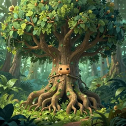 epic tree with huge trunk and gigantic roots, intricate branches with tiny leaves, ornate, cute, fantasy, epic scale, matte painting, cinematic, tropical forest, lush, trending on artstation, magical, inspired by james cameron movies, painted by craig mullins and john singer sargent