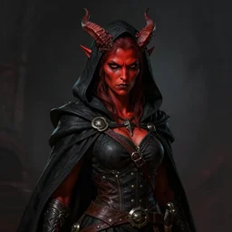masterpiece portrait of a surly and resentful female tiefling thief with red skin and curled devilish horns wearing a black hooded cloak and a thief's leather garb, grumpy body language, by Greg Rutkowski, as seen on ArtStation, 4k, dungeons and dragons, very aesthetic, very detailed, intricate, unreal, fantasy, dramatic, painterly, artstation, sharp focus, smooth