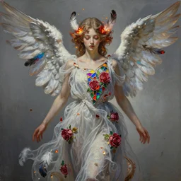 breathtaking detailed painting of a angel from the back, by ayami kojima and brom, gauze rose dress of stained glass floating around, detailed realistyc symmetrical facial features, amalgamation of embers and feathers, 8 k, concept art, matte, sharp focus, rembrandt style