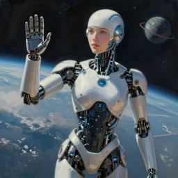a humanoid cyborg AI in space waving hello, very very very beautiful photorealistic painting, concept art