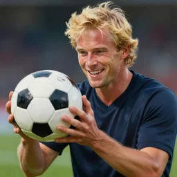a blonde man studying a soccer ball. happy, colorful Epic portrait by james gurney and mœbius.