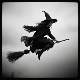 Black and white pinhole camera photo of a witch flying on a broom
