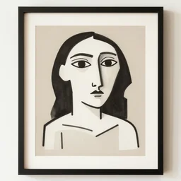 picasso curvy lineart portraits, minimalist, cubism, boho neutral colors, framed