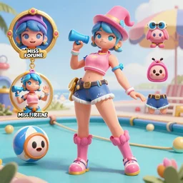 Character sheet of pool party miss fortune (League of Legends). 3d octane render trending on artstation