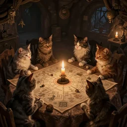 a group of cats playing dungeons and dragons around a table in a dark cellar. soft ligthing from candles. dungeon map on the table. concept art, high details. by greg rutkowski and alphonse mucha. artstation hq