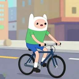 illustration of an original character riding a bike in the big city, in the style of adventure time, by pendleton ward