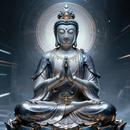 photo of a contented peaceful cyberpunk bodhisattva, praying meditating, intricate, elegant, dynamic lighting, in the style of wlop and android jones and artgerm